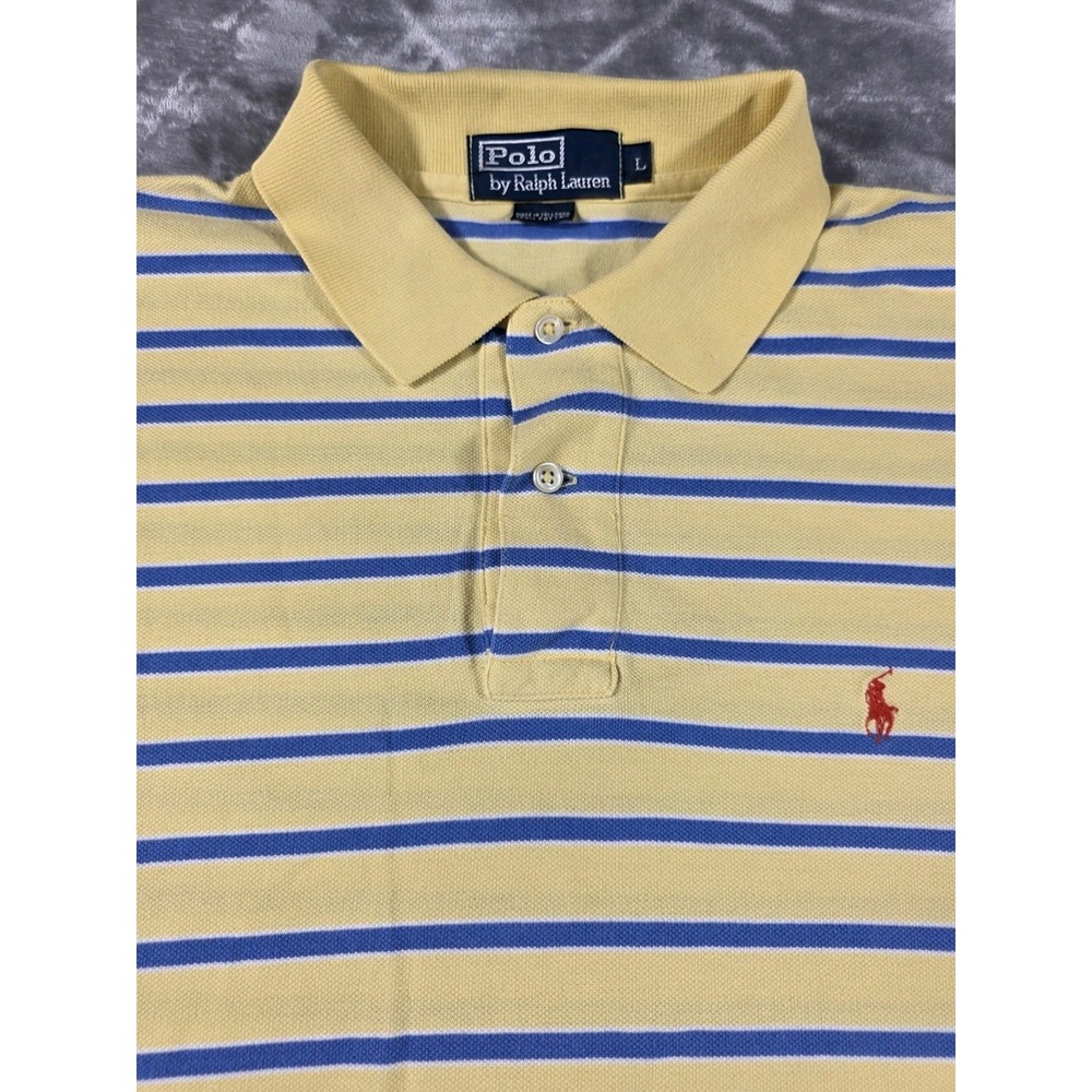 Polo Ralph Lauren Shirt Mens Large Yellow Blue Striped Short Sleeve Pique Cotton